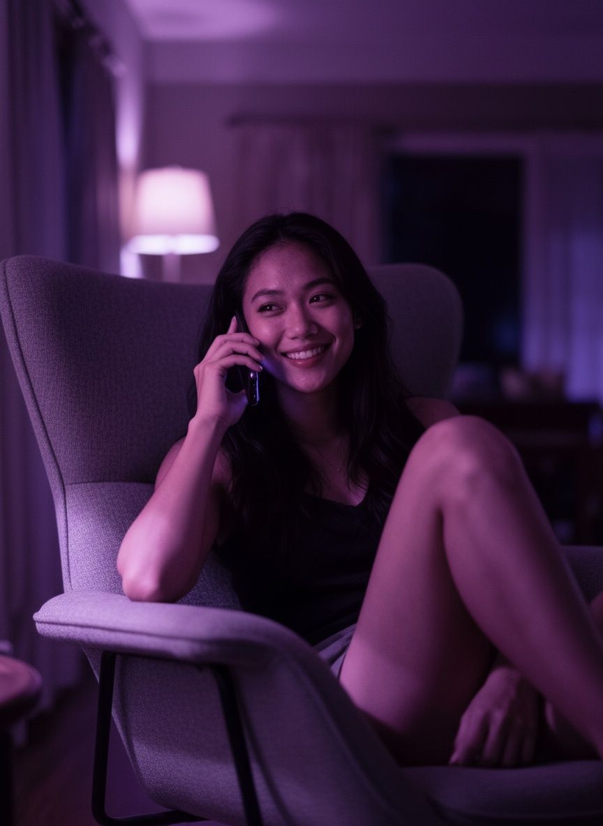 Woman using phone chat line to meet new people