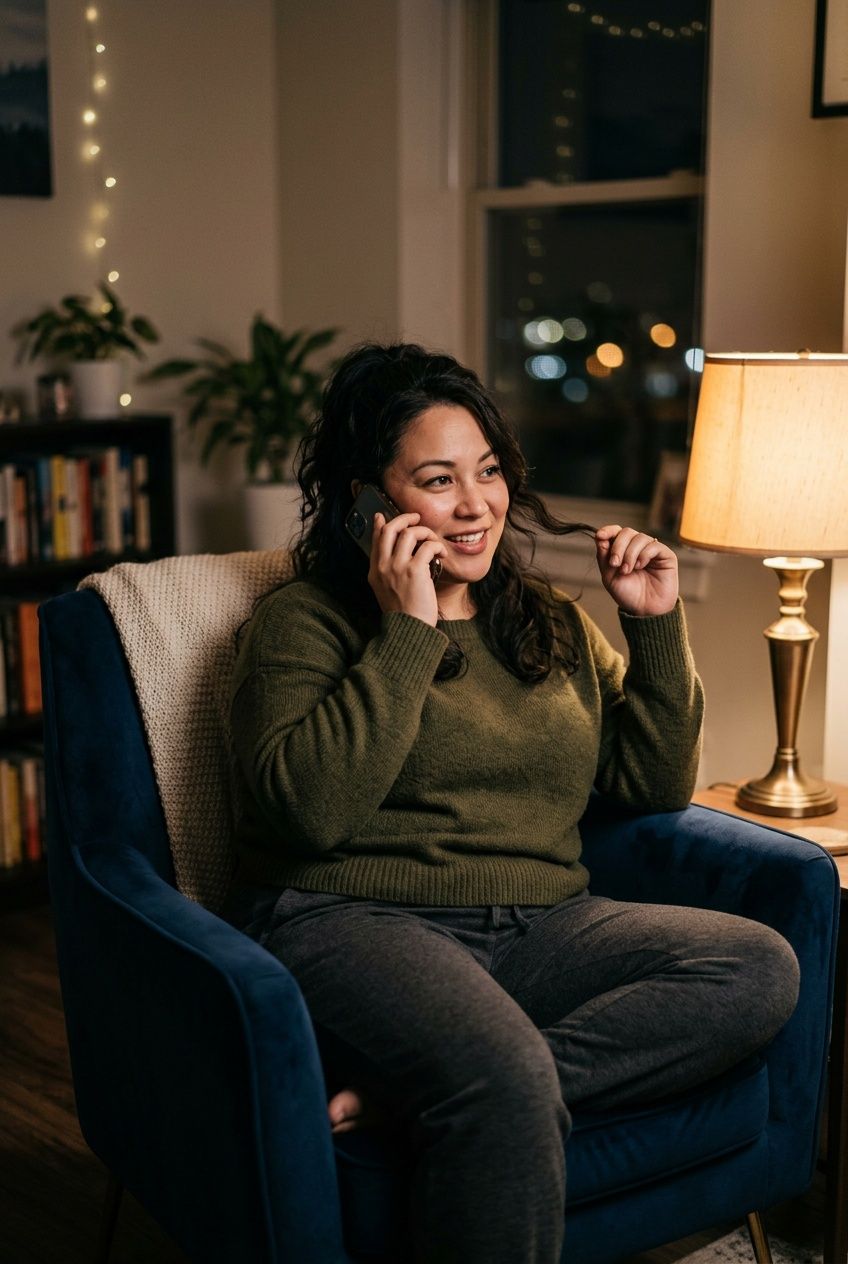 BBW woman relaxing during a private live phone chat on a BBW chat line